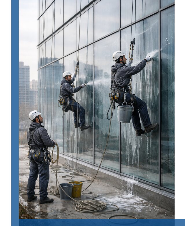 Промышленная мойка панорамных окон на высоте в Химках