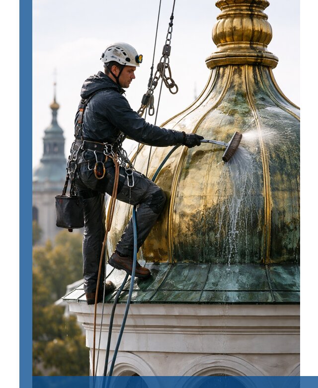 Профессиональная мойка куполов и шпилей высотными альпинистами в Химках