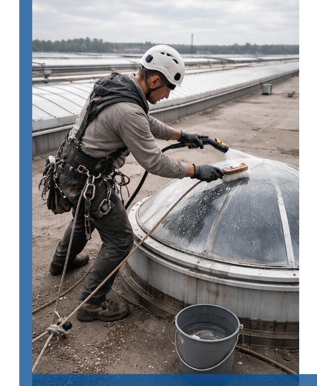 Мойка зенитных фонарей на кровле для промышленных объектов в Химках