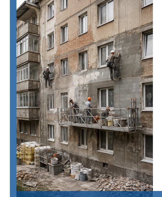 Капитальный ремонт фасада в Химках с восстановлением и гидроизоляцией