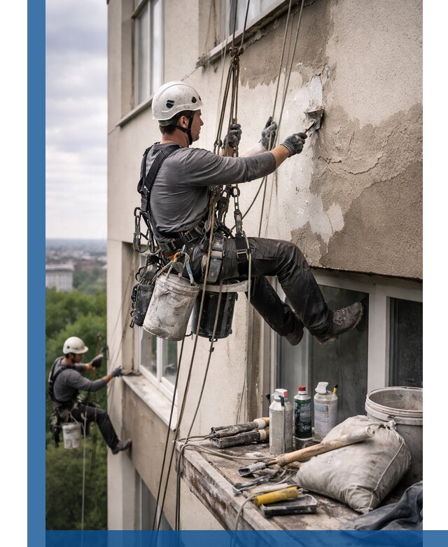 Косметический ремонт фасада зданий в Химках промышленными альпинистами