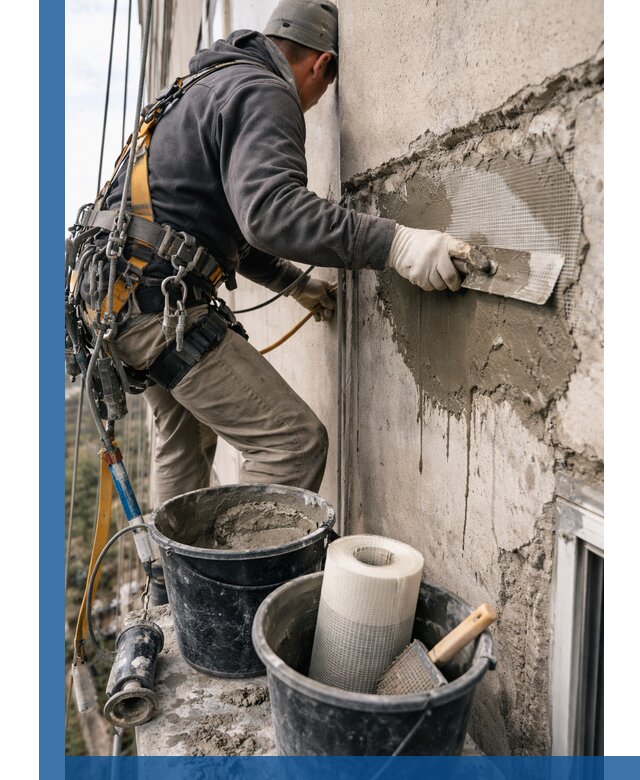 Ремонт бетонных элементов фасада промышленными альпинистами в Химках