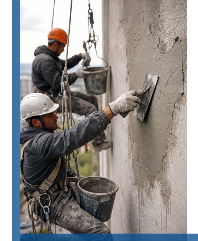 Штукатурка фасада на высоте в Химках профессиональные работы