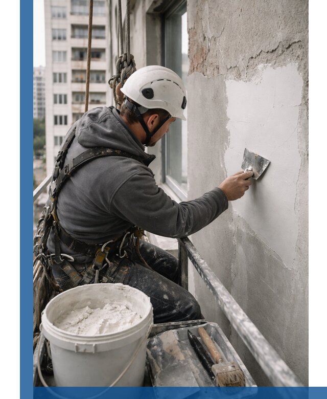 Шпаклевка фасадов на высоте с промальпинистами в Химках