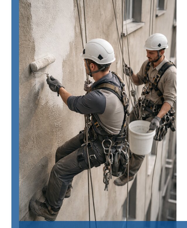 Грунтовка фасада на высоте в Химках промышленными альпинистами