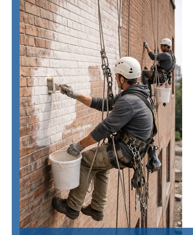 Покраска кирпичного фасада с доступным альпинистским сервисом в Химках