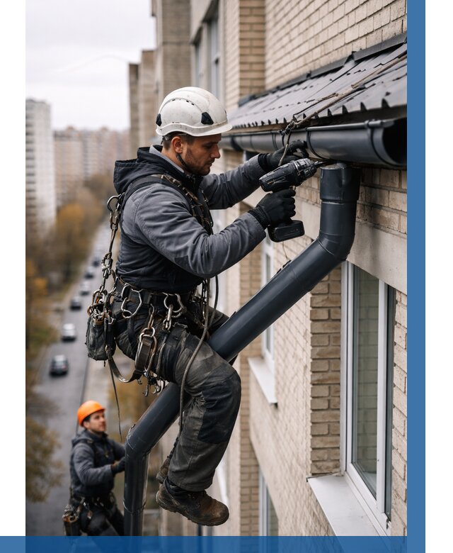 Монтаж водосточной системы на здании в Химках от 5184 р. | ВЫСОТНИК-Хмк