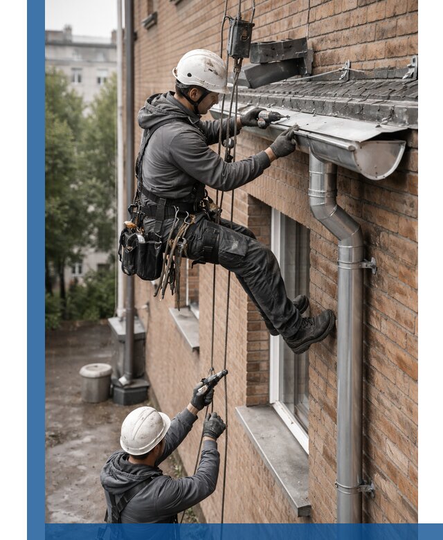 Монтаж водосточной системы на здании в Химках под ключ