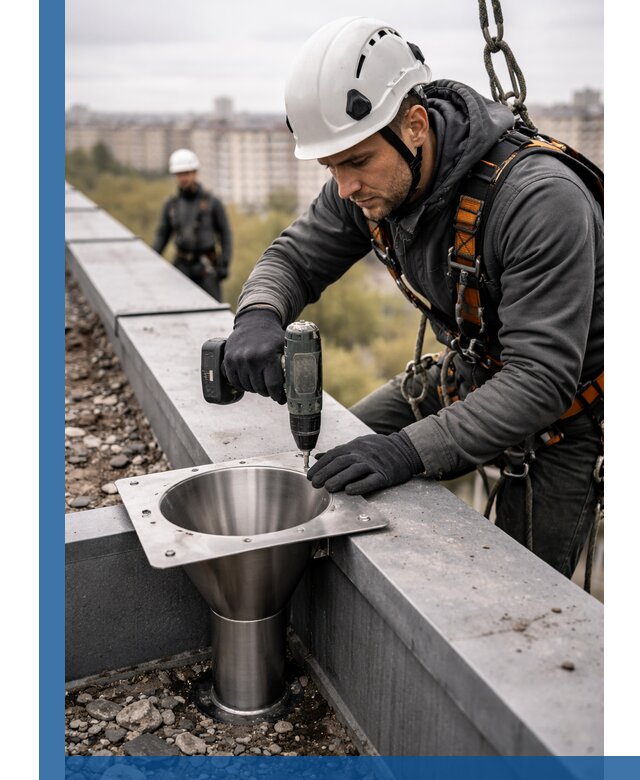 Монтаж водосточных воронок в Химках для промышленных зданий