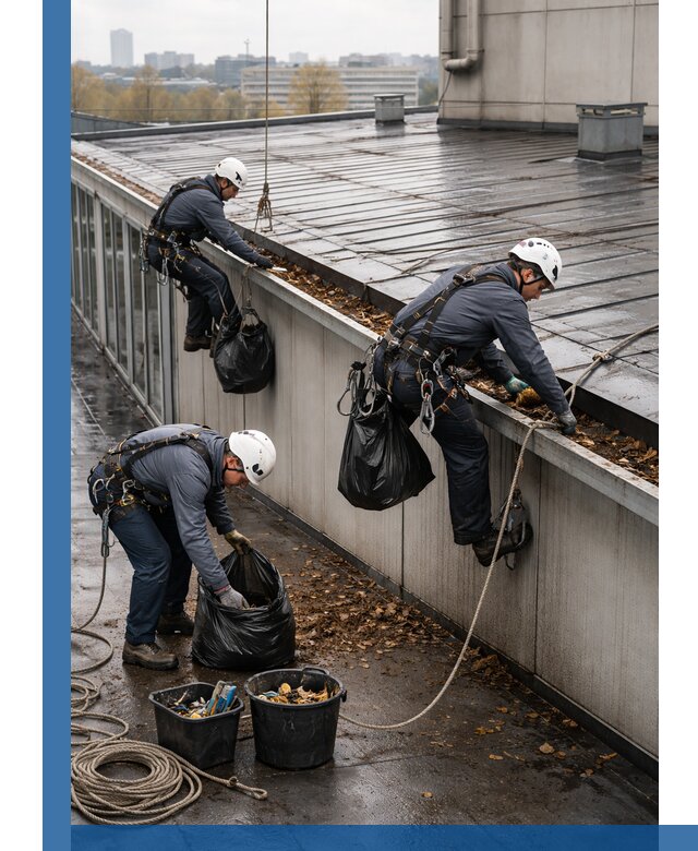 Очистка кровли по периметру в Химках силами промышленных альпинистов
