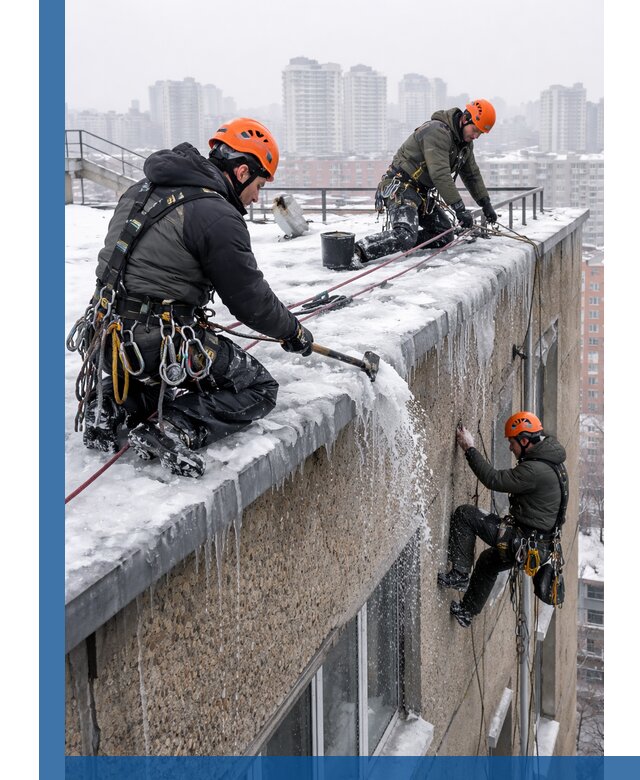 Удаление наледи с кровли в Химках промышленными альпинистами