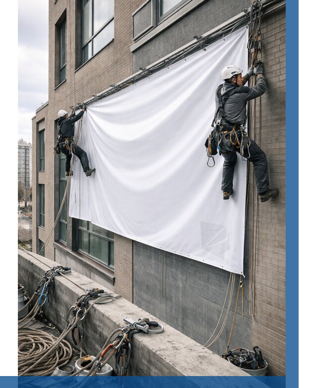 Монтаж баннеров на фасаде в Химках от 674 р. заказать ВЫСОТНИК-Хмк