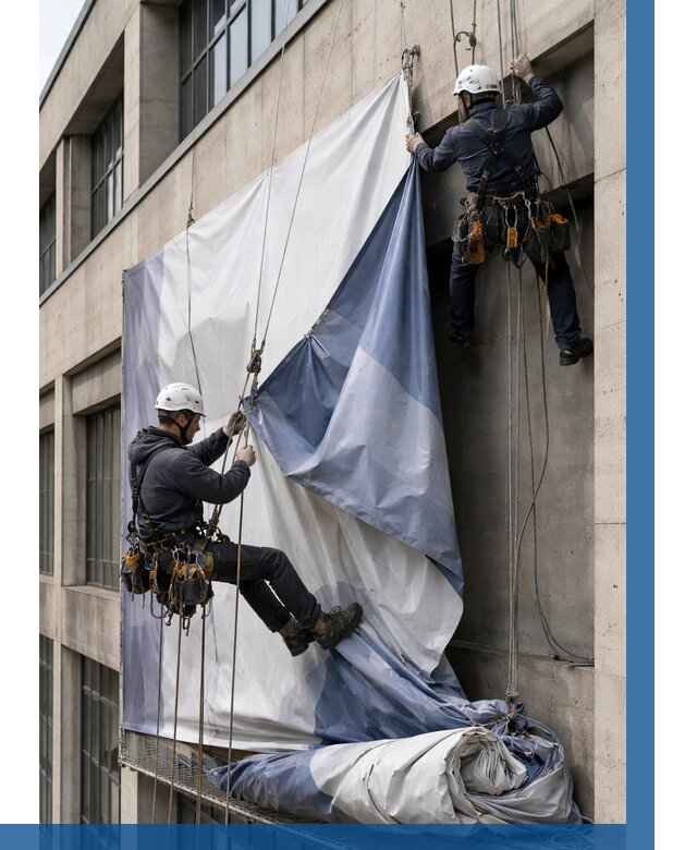 Демонтаж баннеров с фасада в Химках от 4665 р. | ВЫСОТНИК-Хмк