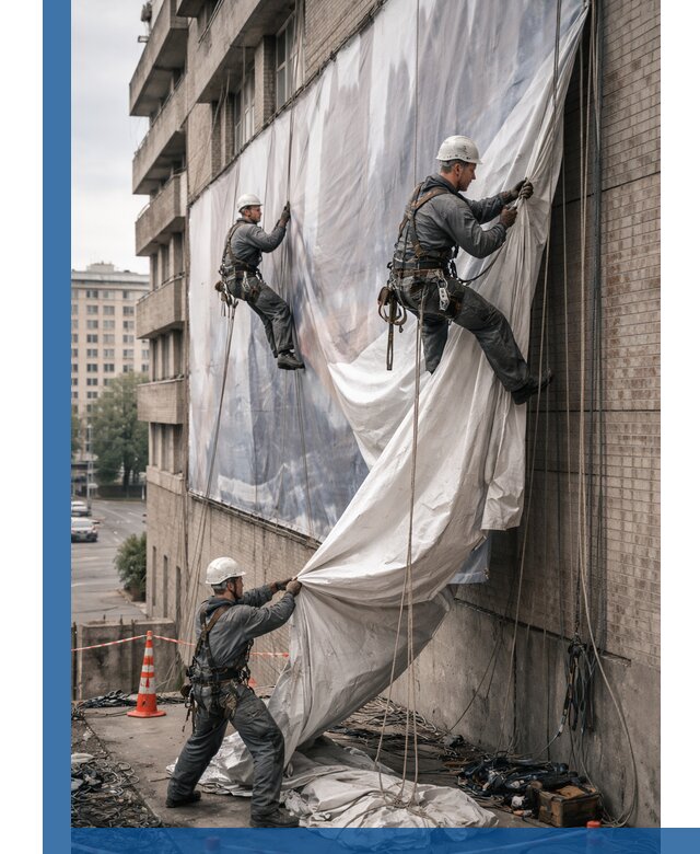 Демонтаж баннеров с фасада в Химках оперативно и безопасно