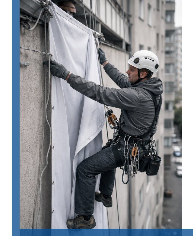 Замена баннерного полотна промышленными альпинистами в Химках