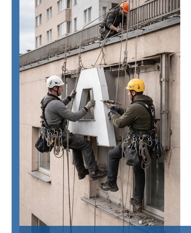 Ремонт и восстановление наружных вывесок на высоте в Химках