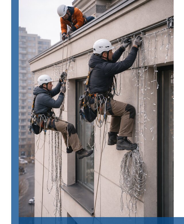 Монтаж праздничных гирлянд на фасаде в Химках для зданий