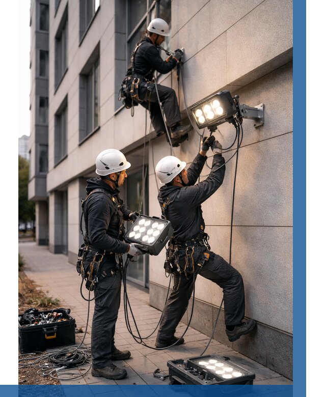 Монтаж прожекторов на фасаде в Химках от 7775 р. | ВЫСОТНИК-Хмк