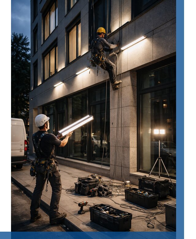 Монтаж архитектурной подсветки здания в Химках от 2592 р.|ВЫСОТНИК-Хмк