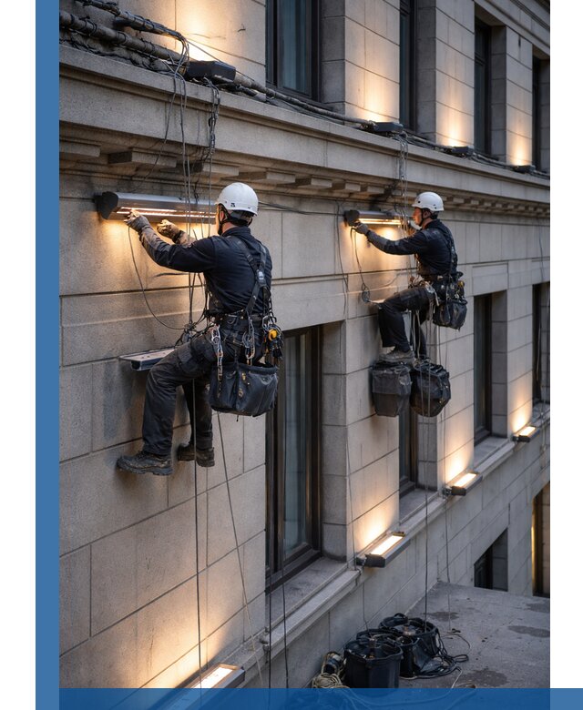 Монтаж архитектурной подсветки фасадов зданий в Химках