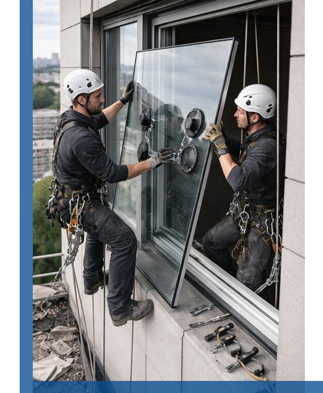 Замена стеклопакетов на высоте с промышленными альпинистами в Химках
