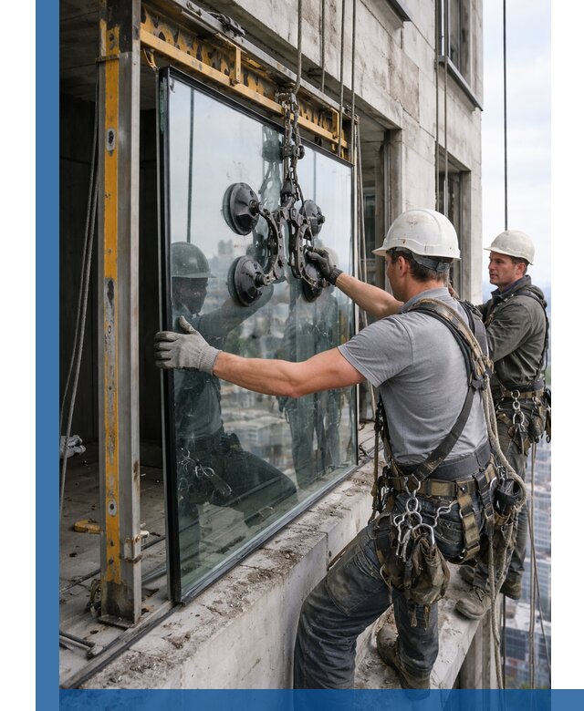 Монтаж стеклопакетов на высоте в Химках с промышленным альпинизмом