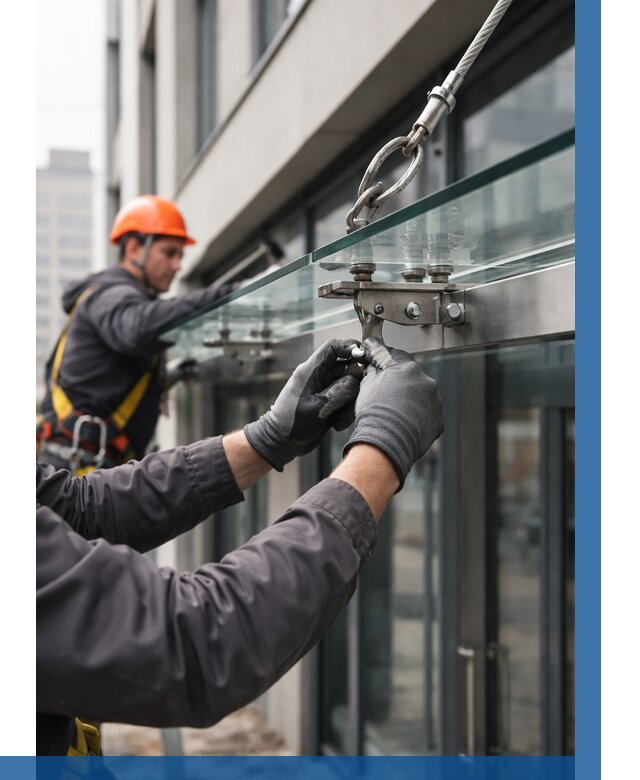 Монтаж стеклянных козырьков в Химках от 8812 р. | ВЫСОТНИК-Хмк