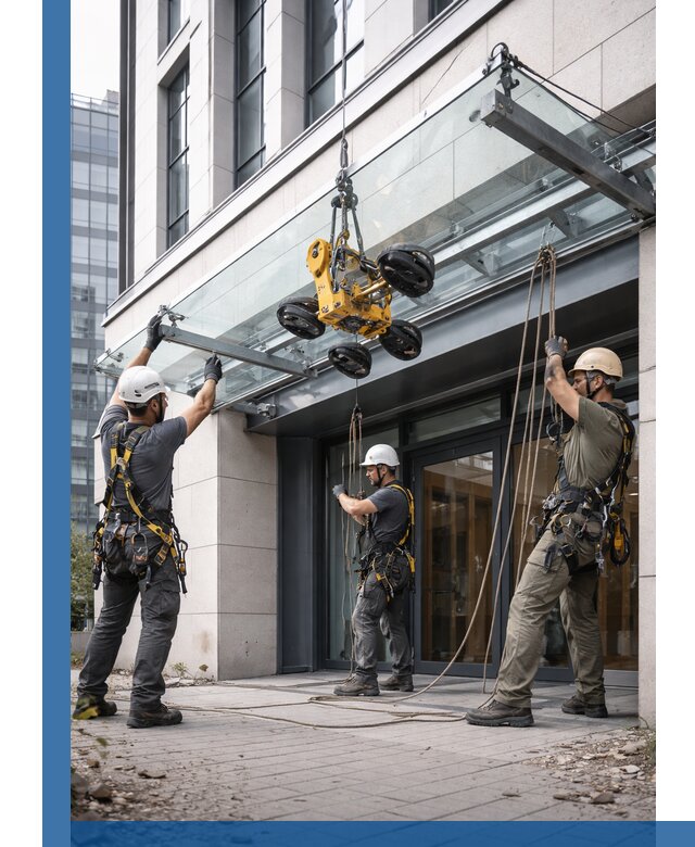 Монтаж стеклянных козырьков под ключ в Химках для зданий