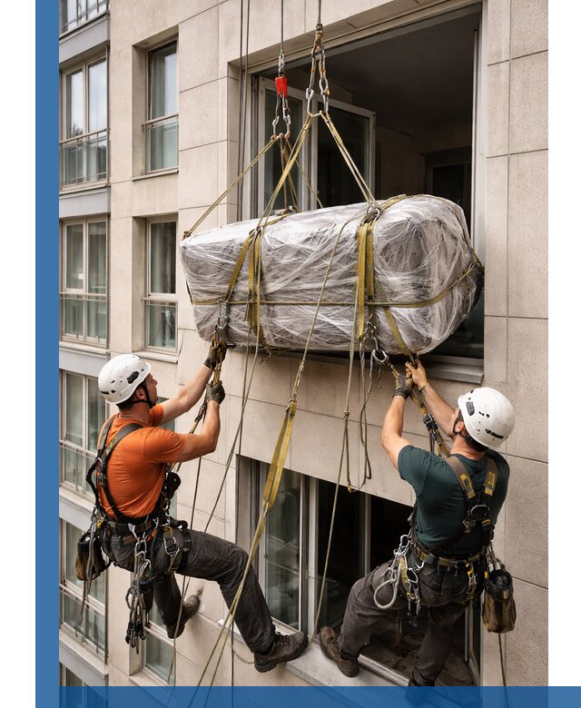 Подъем грузов через окно в Химках промышленными альпинистами