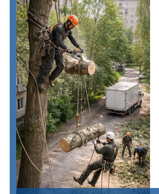 Спил деревьев альпинистами в Химках, безопасно и без повреждений