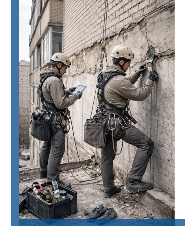 Обследование фасада промышленными альпинистами в Химках